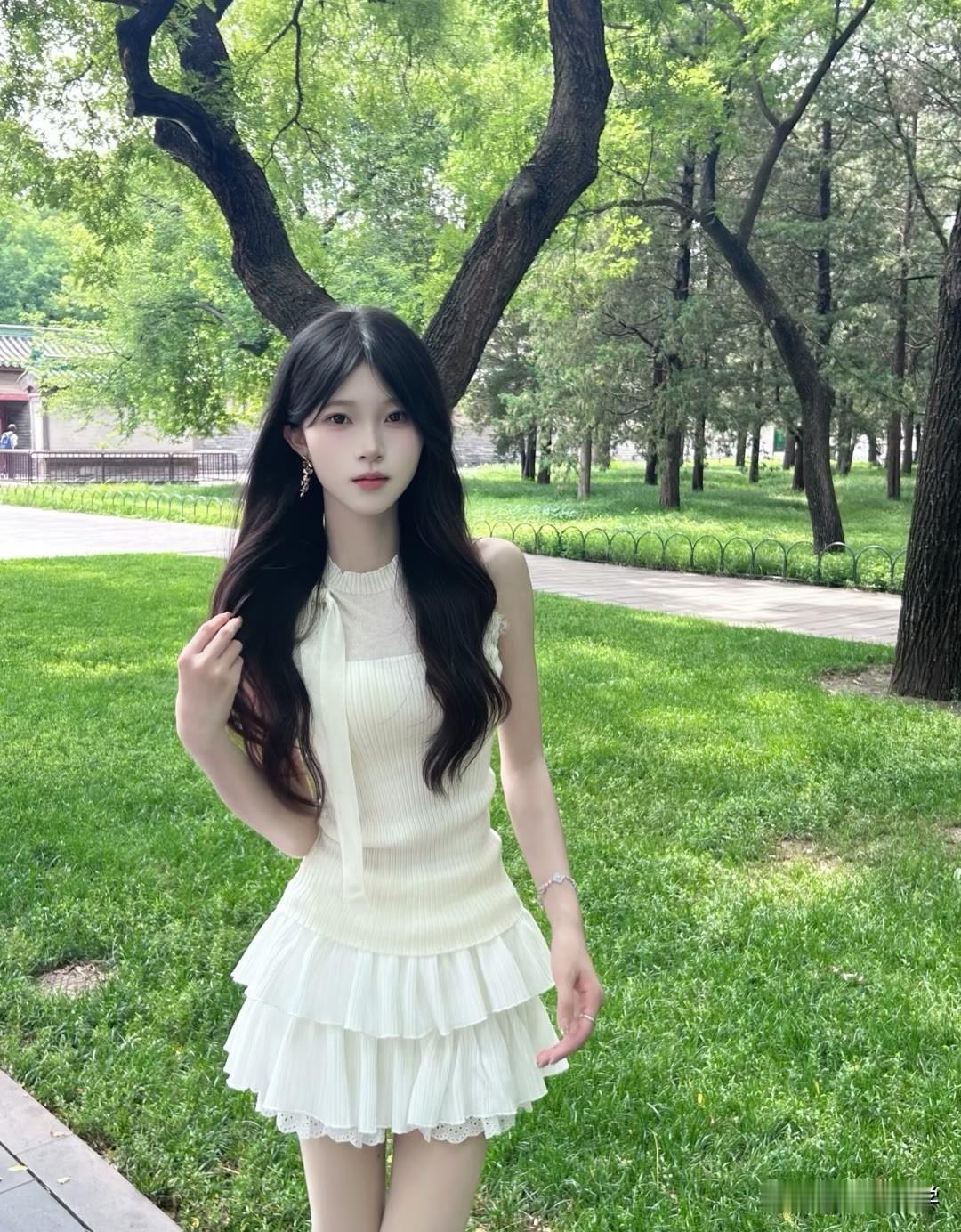 “绿树阴中见，白裙映日红”，短短两句，勾勒出一幅绝美画面。想象在一片葱郁绿树的掩