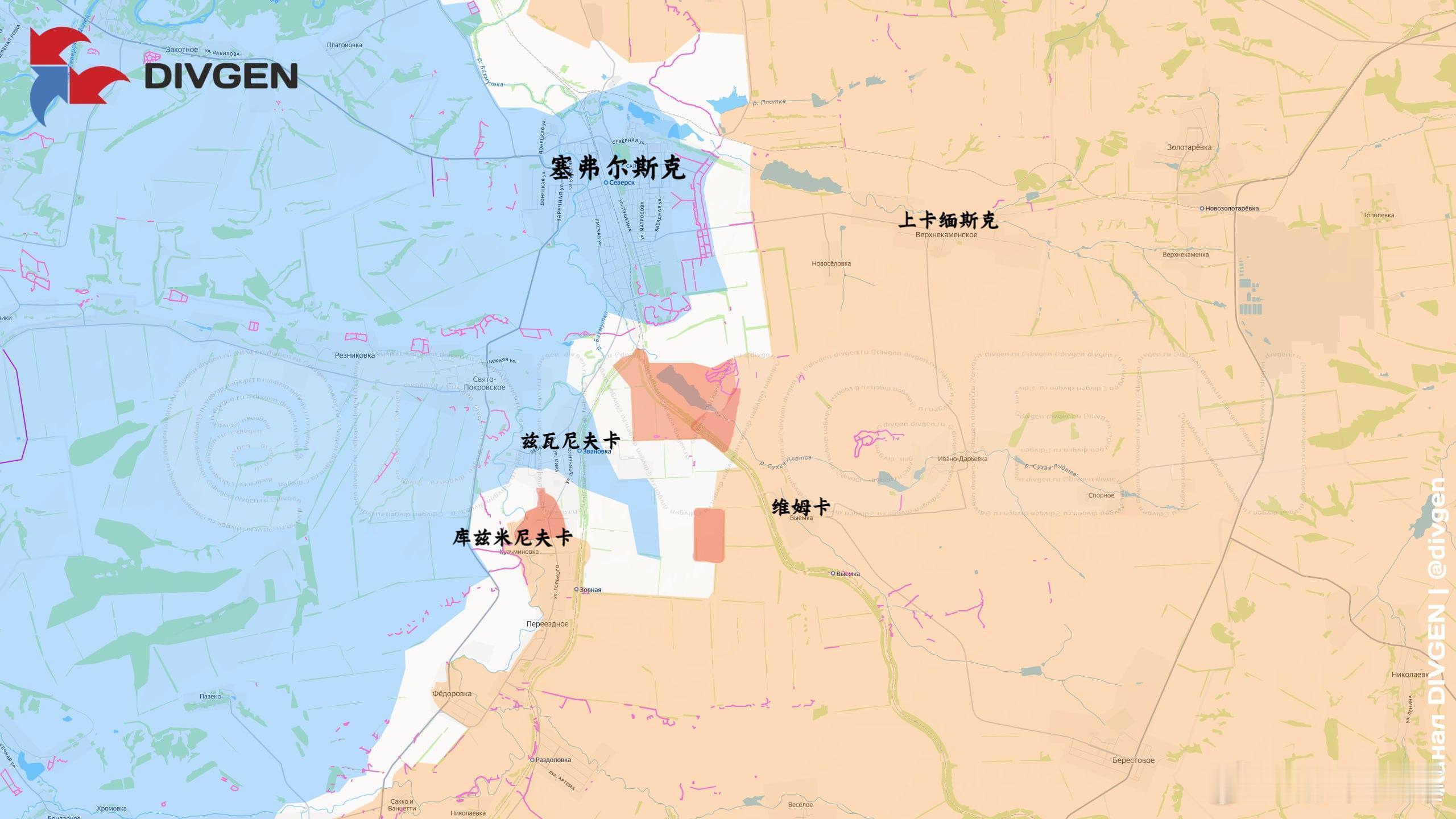 俄军抵达塞弗尔斯克南郊来源：DIVGEN 🚩 Карта СВО俄乌局势新进展