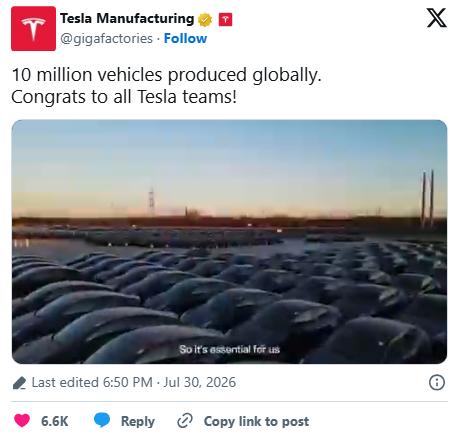 【特斯拉达成第 1000 万台电动汽车下线】
特斯拉通过 X 平台官宣，位于美国