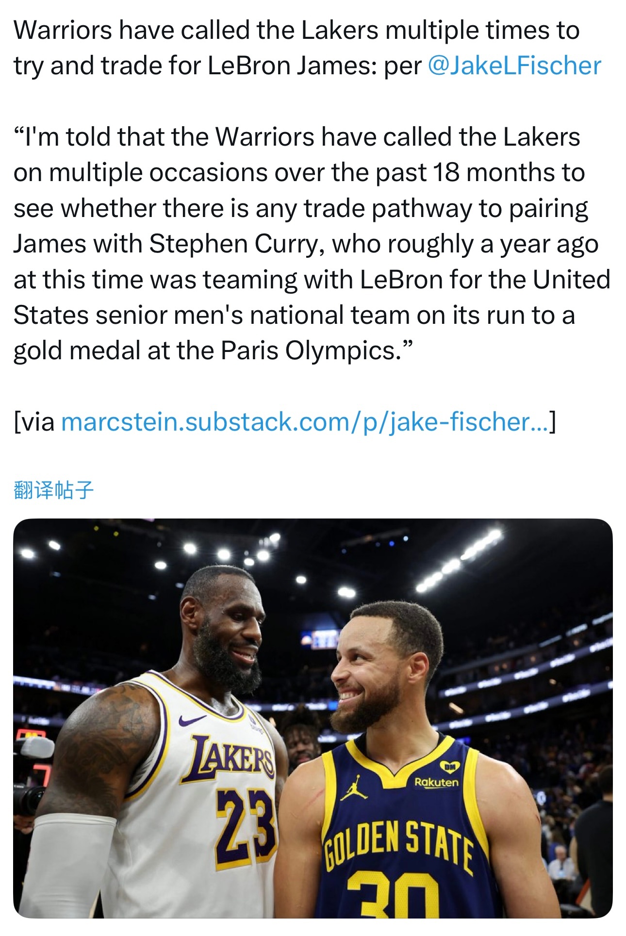 记者Jake Fischer：“我听说，在过去18个月里，勇士曾多次致电湖人，探