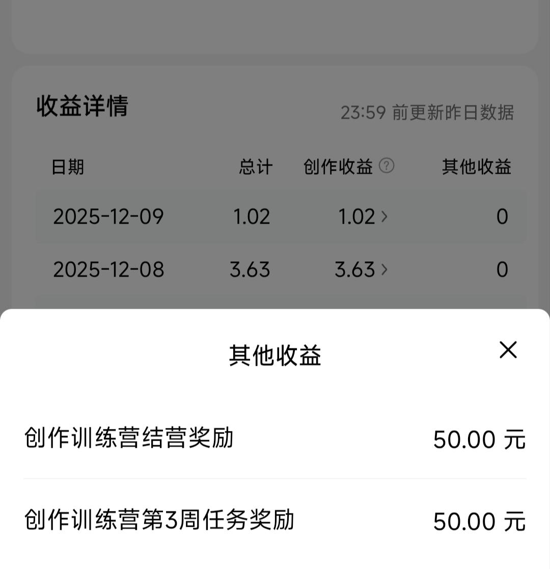 难得啊，头条活动奖励的100元到账啦！看着收益详情里创作训练营的两笔50元奖励，