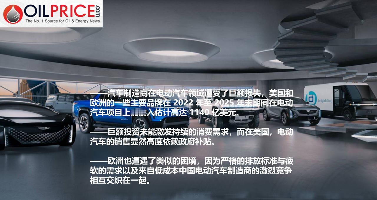 欧美汽车制造商大力发展电动汽车却耗费了近 1000 亿美元，却几乎未取得任何成果