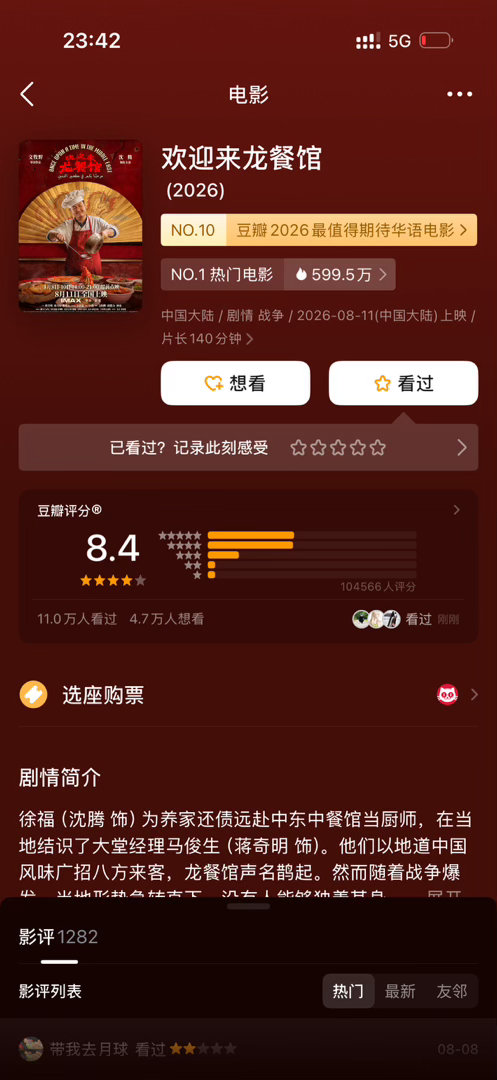 即将对决的两部电影奥德赛和龙餐馆都开分了，龙餐馆8.4，奥德赛8.3，龙餐馆比奥