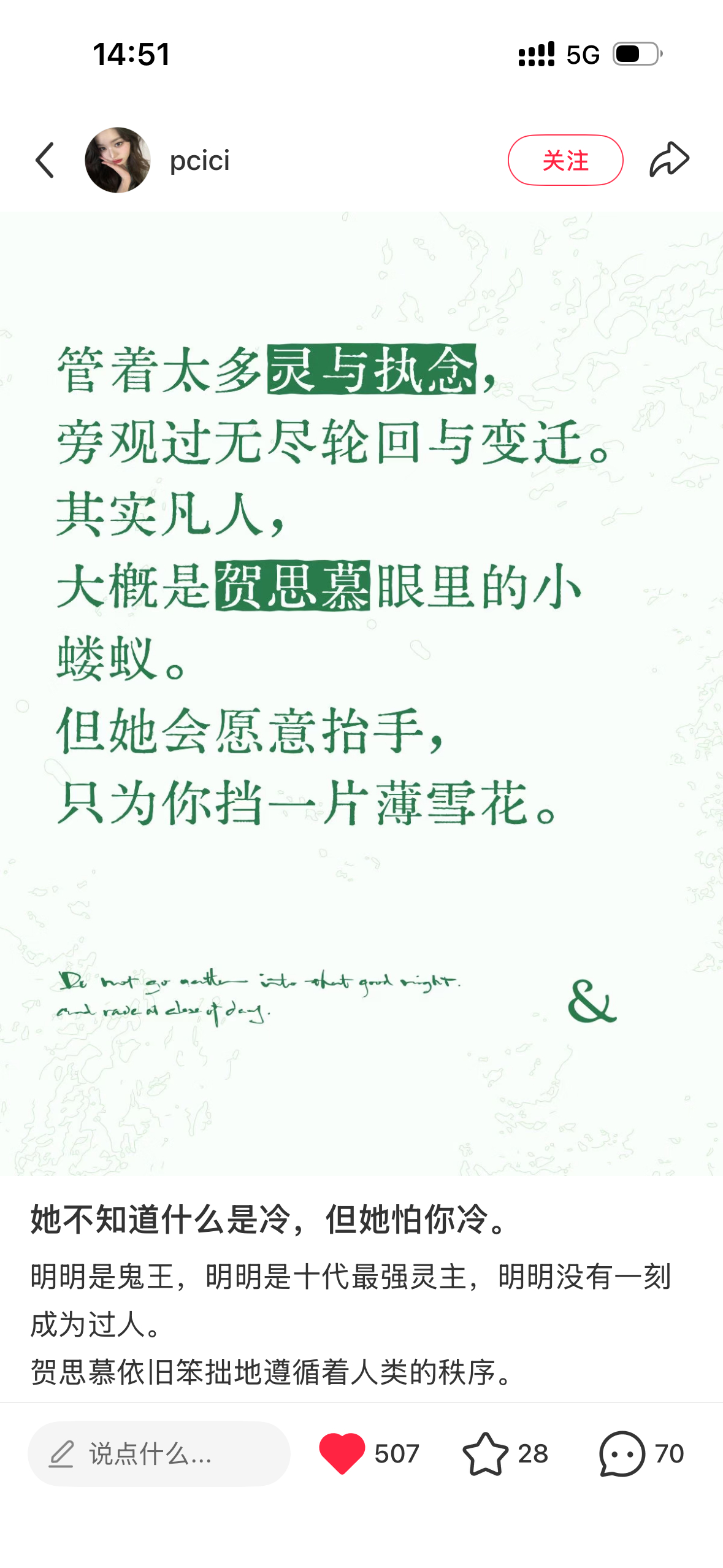 太会说了“其实凡人，大概是贺思慕眼里的小蝼蚁。但她会愿意抬手，只为你挡一片薄雪花