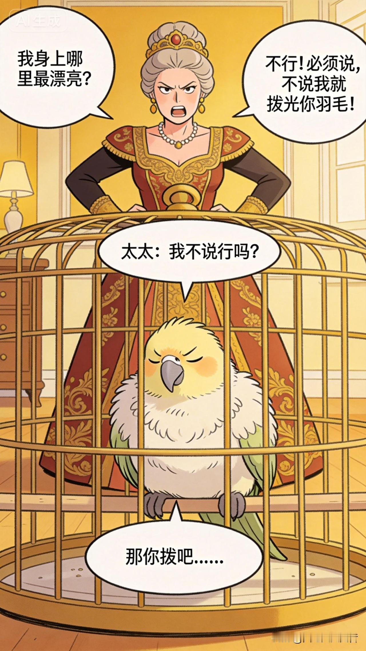 一富婆问鹦鹉：“我身上哪里最漂亮？”

鹦鹉皱着眉头说：“太太：我不说行吗？”