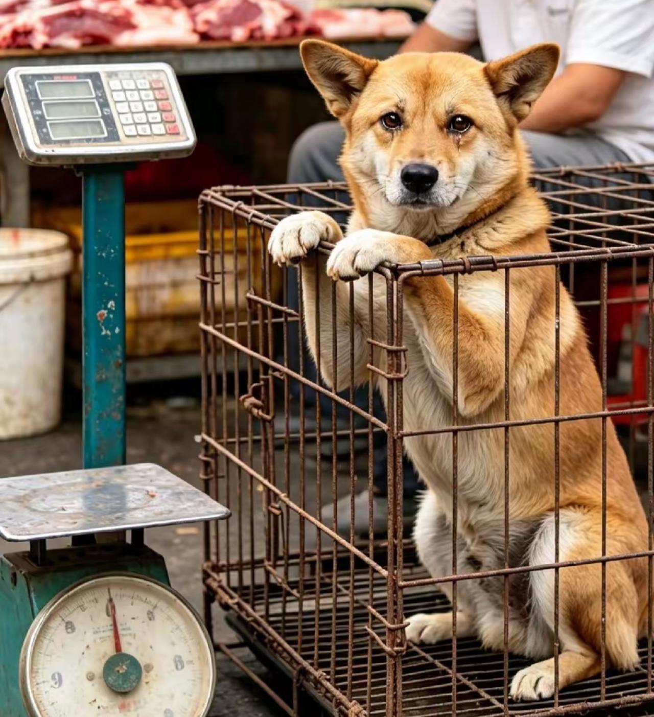 老公去市场，看到狗贩子把中华犬现场剥皮，35元一斤，狗狗视线看向老公，满含泪水凝