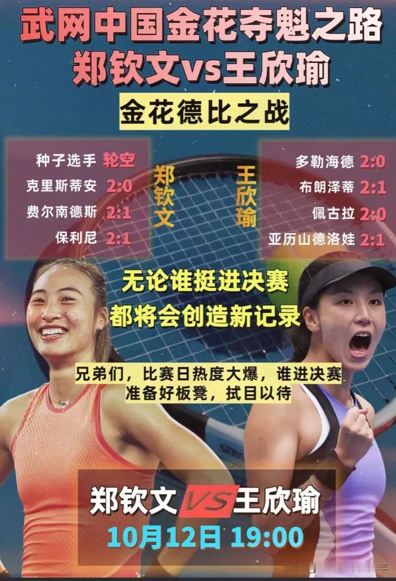 将迎来一个新的历史时刻，会有一名中国选手进入到武网到决赛当中！
王欣愉和郑钦文都