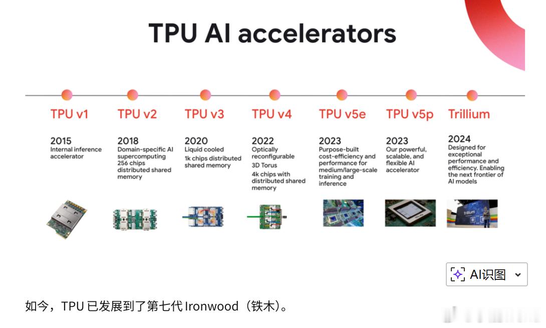 谷歌TPU（张量处理单元）系列发展历程的时间线图表，具体信息如下：型号 发布时间