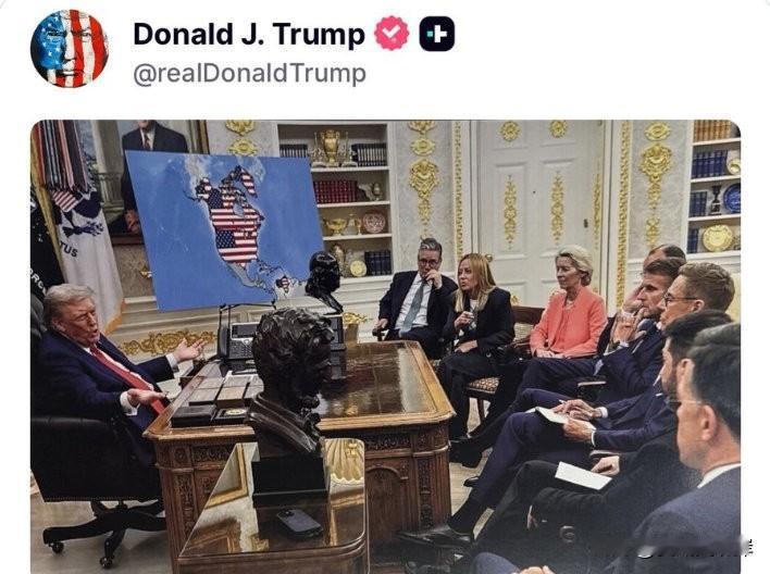 川普在社交媒体发布P图，图中他向多国领导人展示一张新美国地图，地图中包括加拿大、