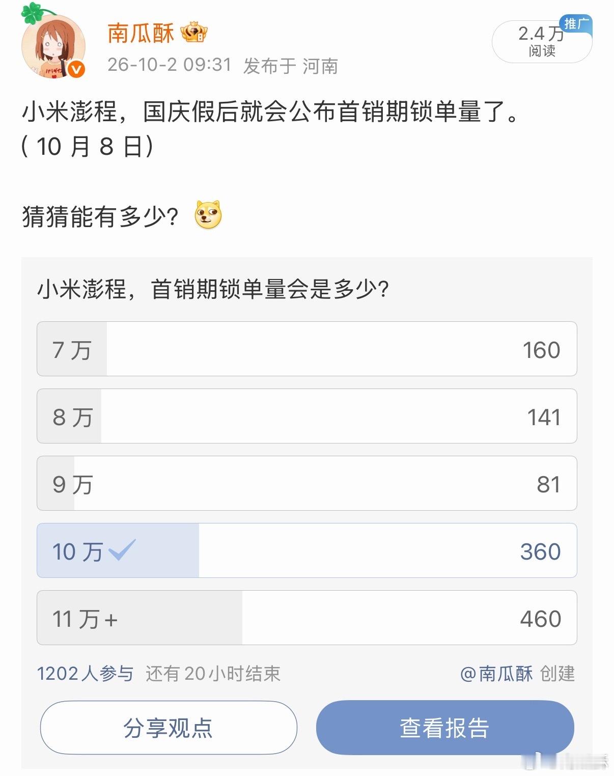 做了个投票，小米澎程首销期能锁单多少？1200人参与，460 人投了11万+，3