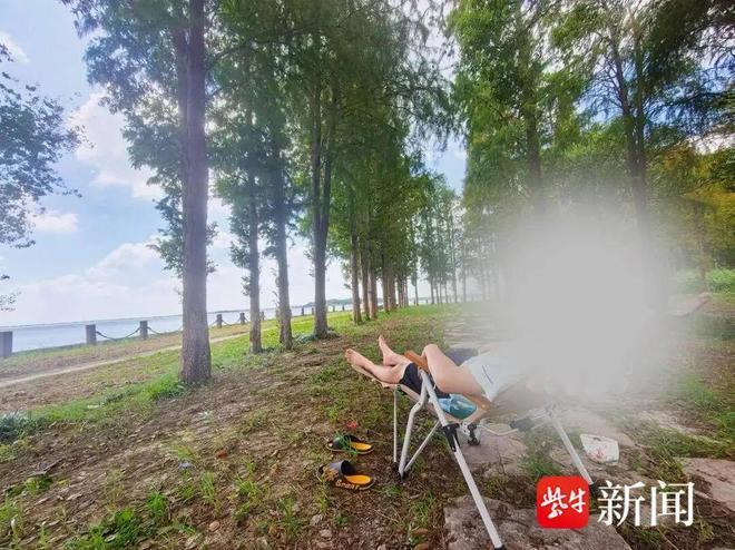 “太令人后怕了！”江苏昆山，女子和儿子在湖边带折叠椅在树下休息。当时风很大，对面