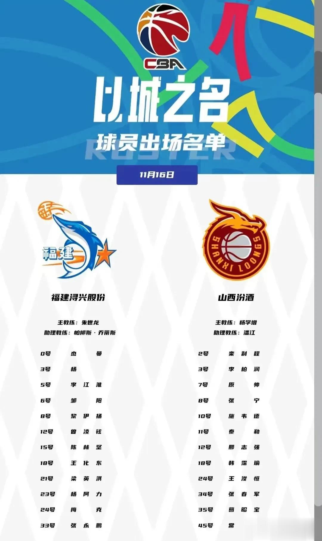 今晚山西客场对阵福建男篮的大名单已经出炉，福建三外援悉数在列，而山西这边由于裁掉