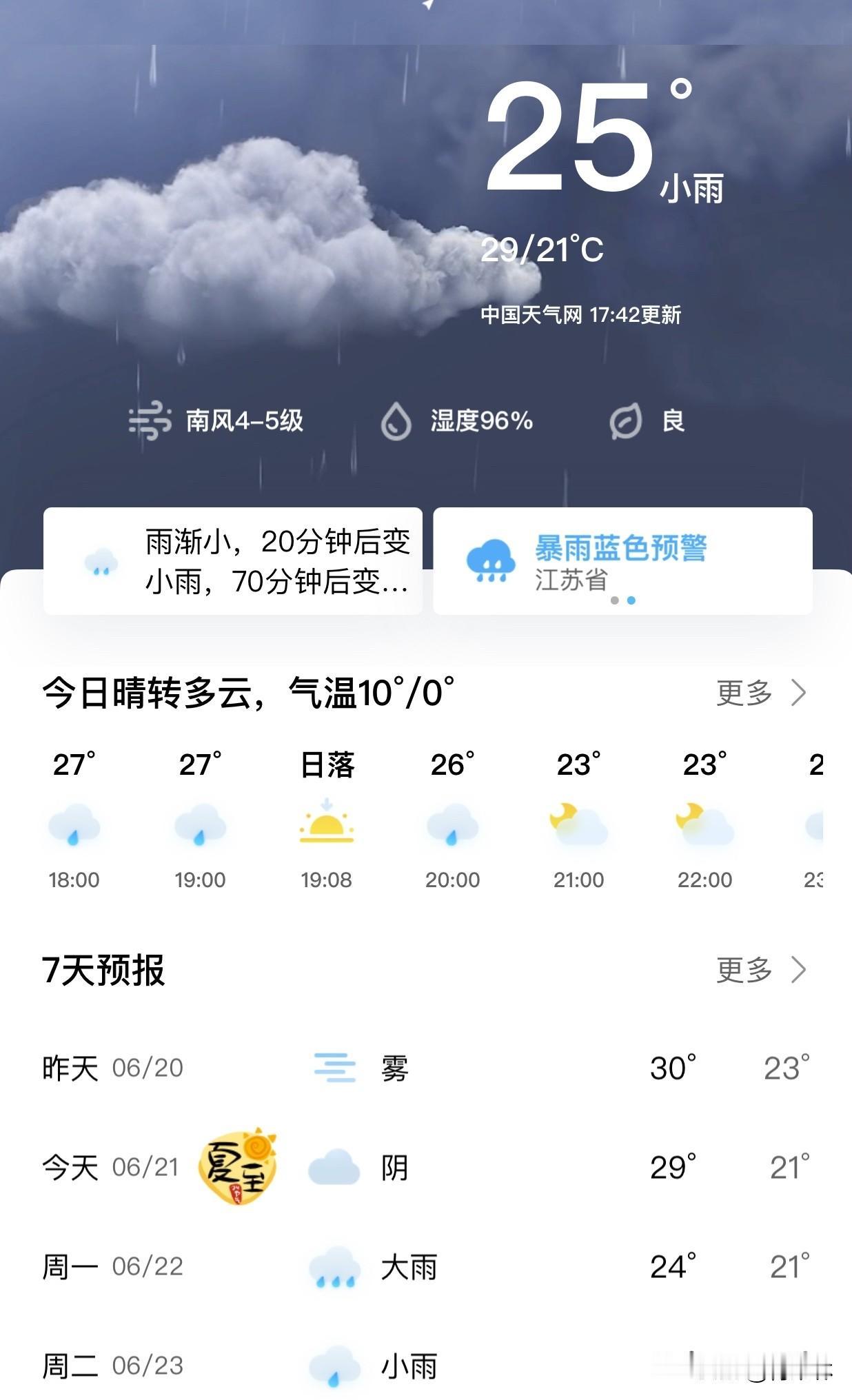 你的城市气温多少我在常州，今天夏至气温21到29度，这会儿正下着小雨，实时25℃