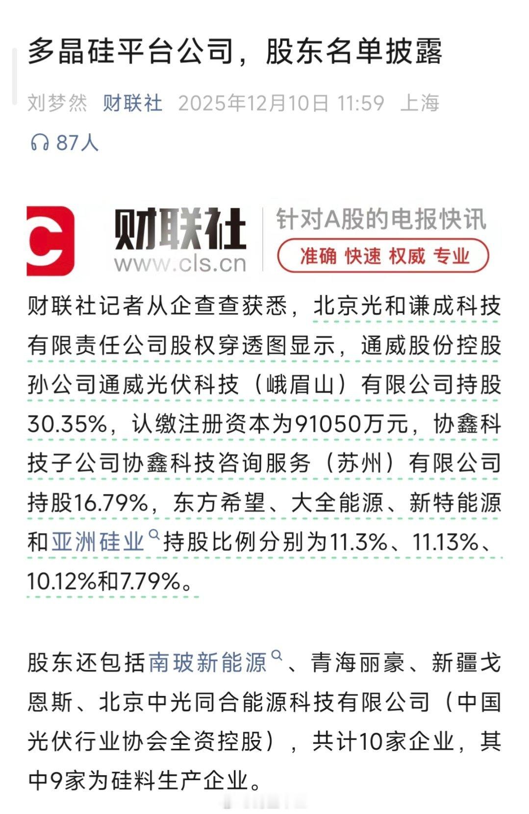 a股 光伏多晶硅平台公司，股东名单披露