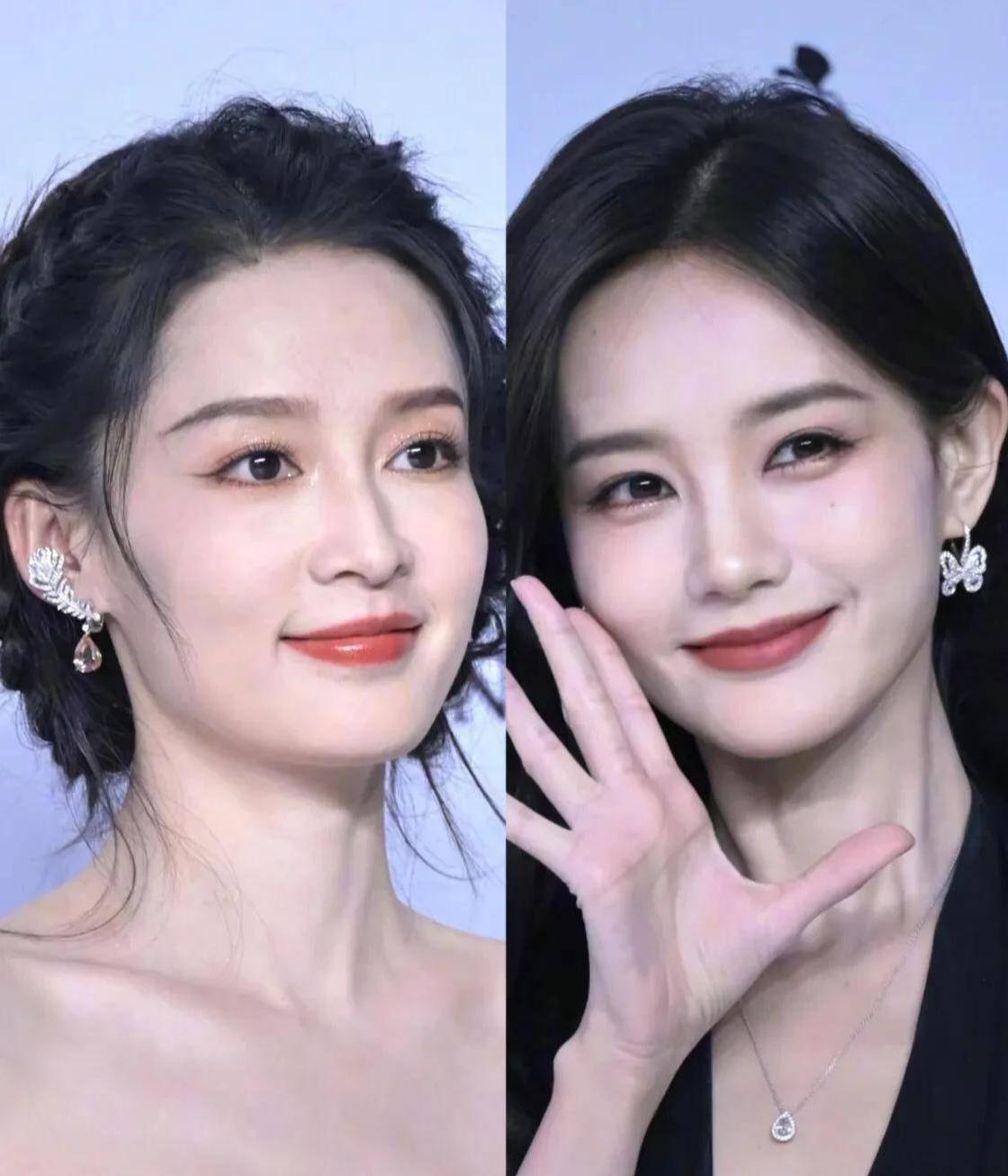 同是淡颜鹅蛋脸，杏眼与柔和的五官轮廓很接近，古装妆造更放大相似度。细看却各有味道