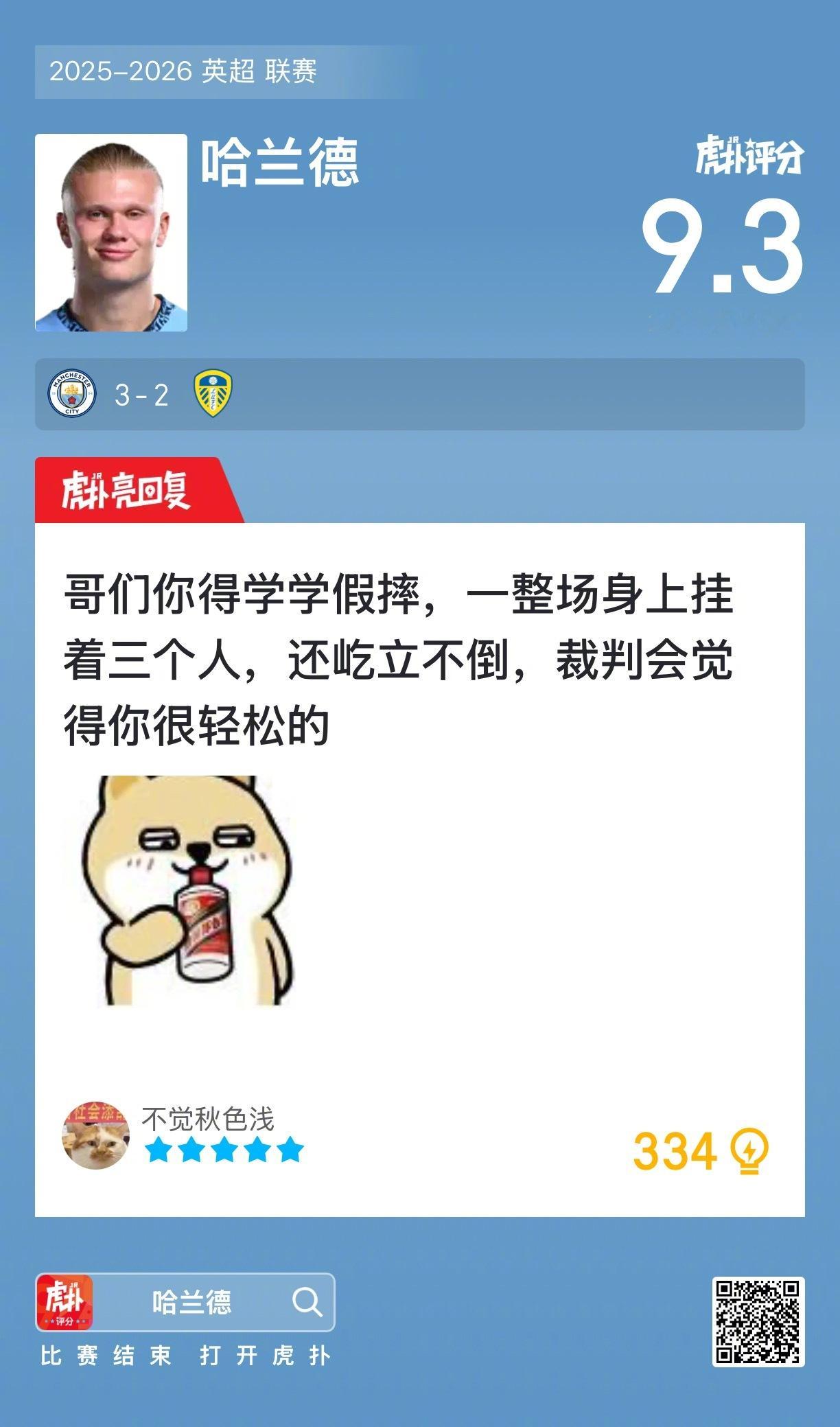 曼城3比2利兹联 哈兰德赛后收获9.3的虎扑评分！ 