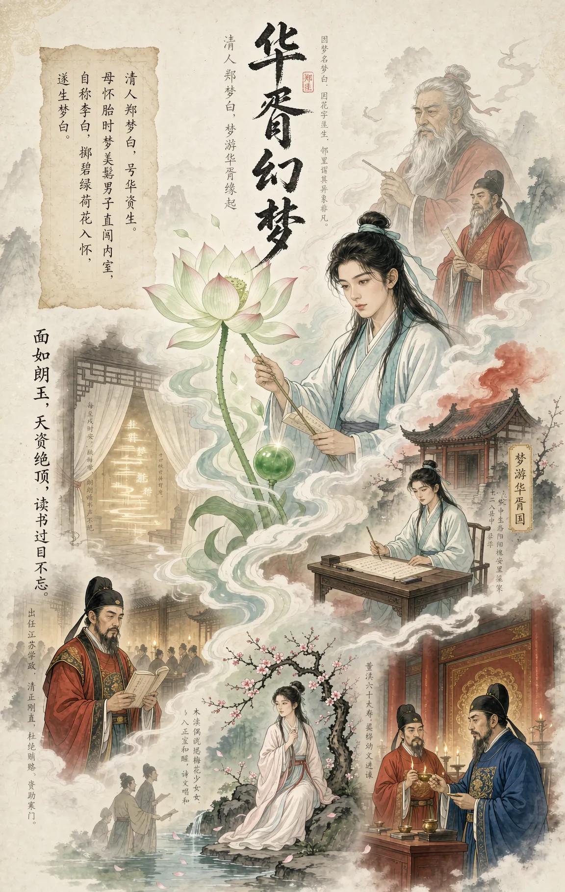 清朝人郑梦白，号华胥生，母亲怀胎时，梦见一位美髯男子直闯内室，自称唐代李白，递来