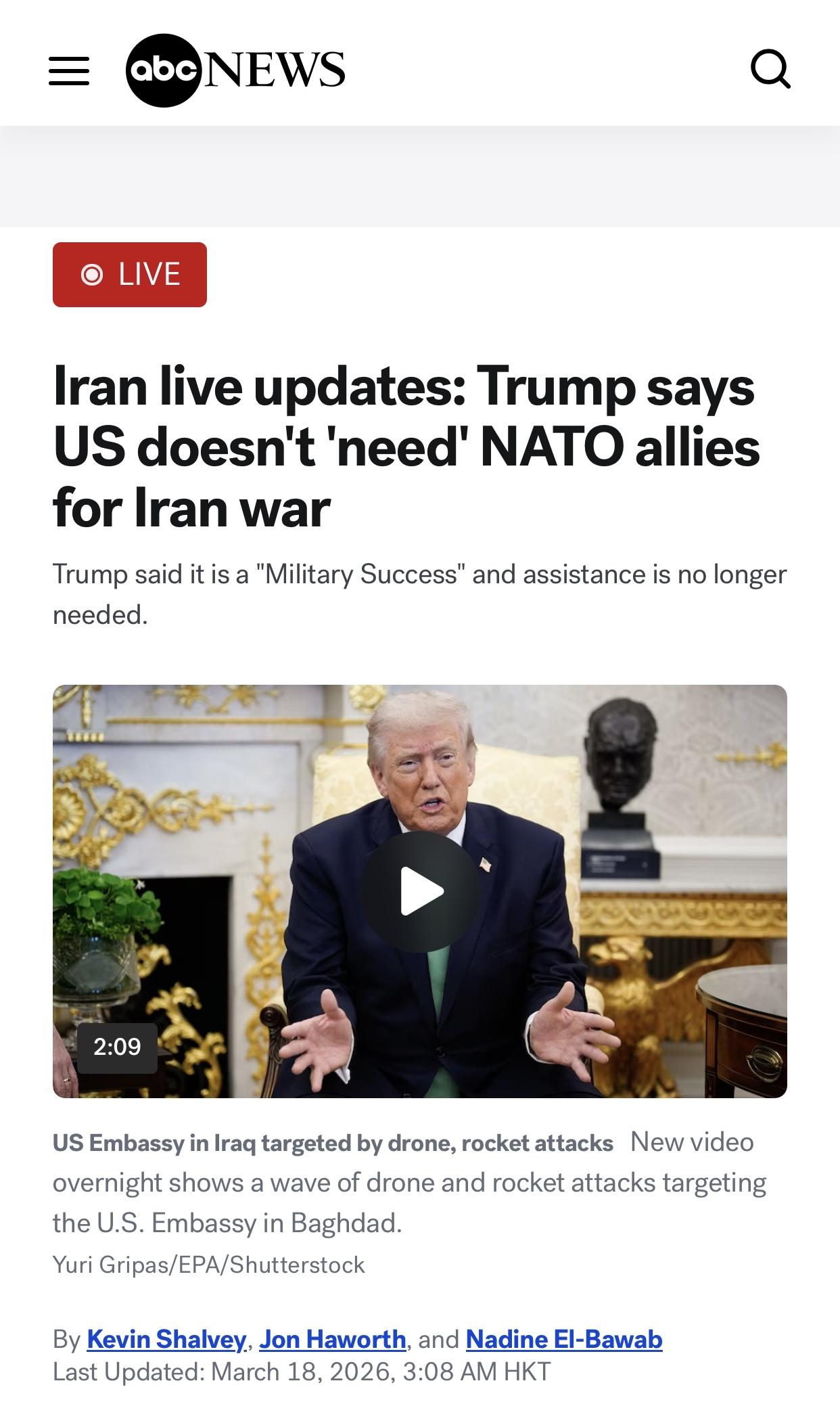 美媒：特朗普表示”大多数北约盟友不想参战”，而美国“不需要”他们

美国广播公司