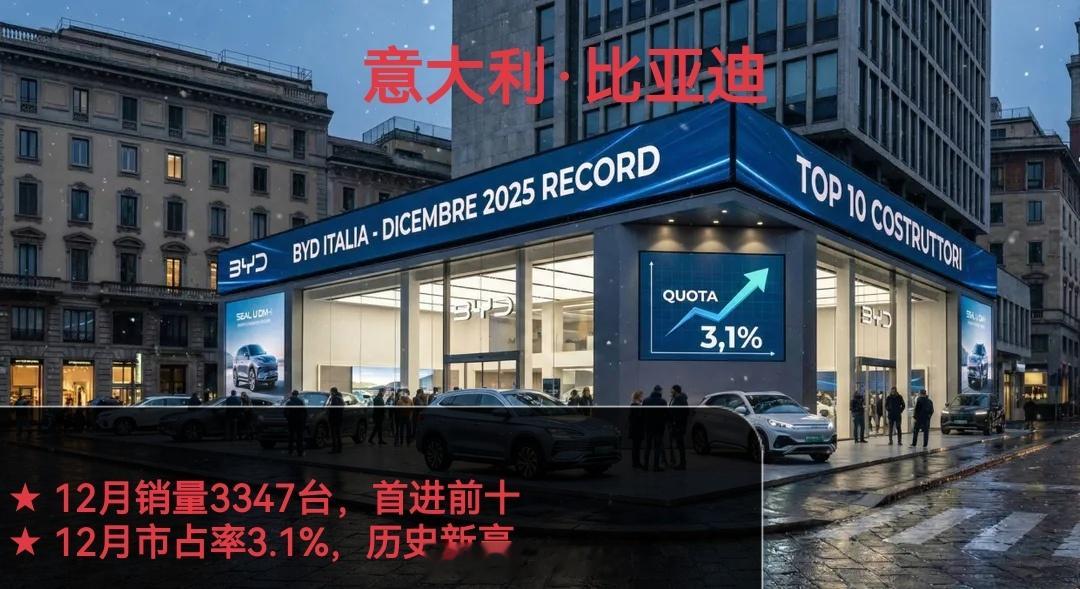 历史性突破！比亚迪意大利首进前十！2025年12月，比亚迪意大利乘用车销量334