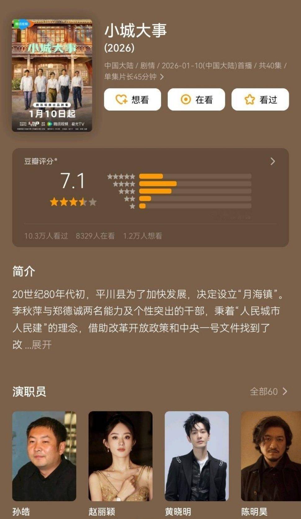赵丽颖、黄晓明《小城大事》豆瓣开分7.1 