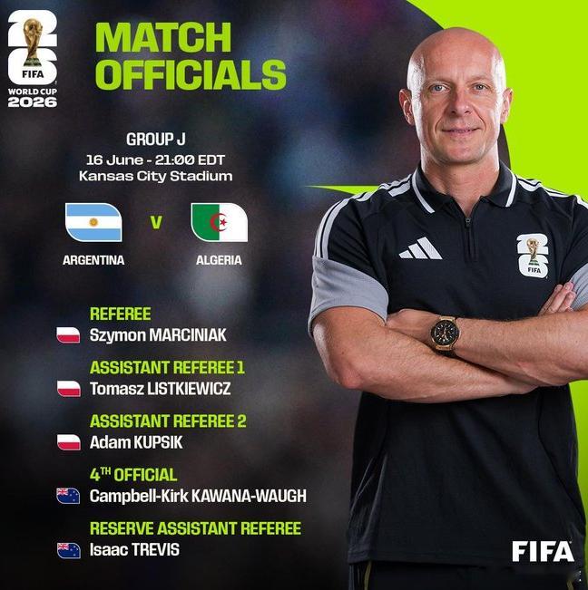 FIFA官方公布了世界杯J组首轮的裁判安排，波兰名哨马齐尼亚克执法阿根廷vs阿尔