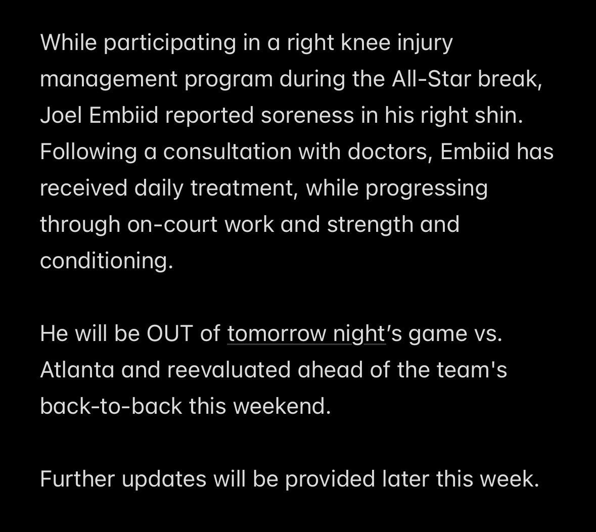 随队记者Kyle Neubeck表示，以下是76人队关于乔尔·恩比德伤情的最新进