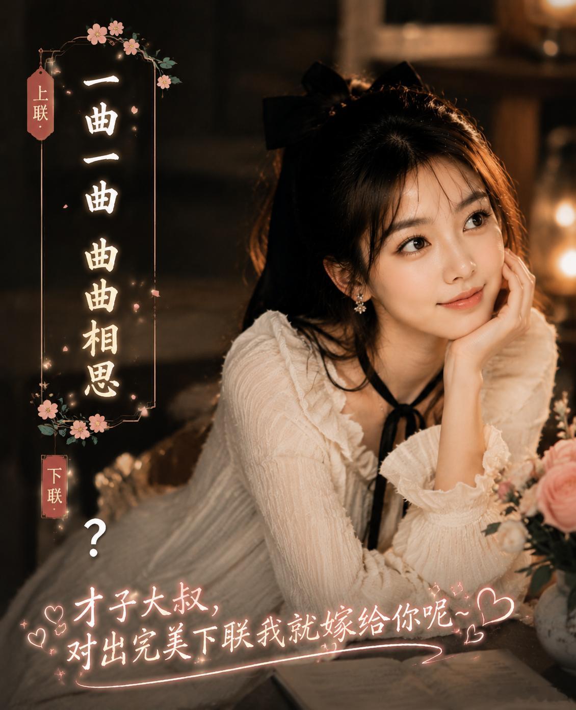 美女的这道对联考验，以你的文采能答得上来吗？上联： 一曲一曲　曲曲相思。下联： 