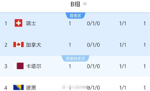 世界杯B组按纪律分&世排定排名，瑞士1黄第1&波黑3黄垫底 世界杯小组赛B组第1
