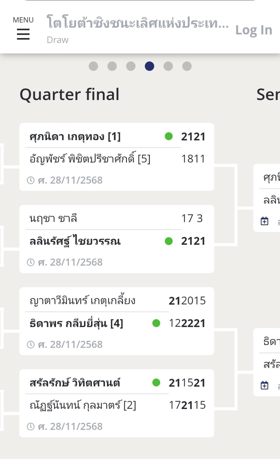 泰国全锦赛女单四强革通vs猜万，萨伦拉克vs提拉普龙 