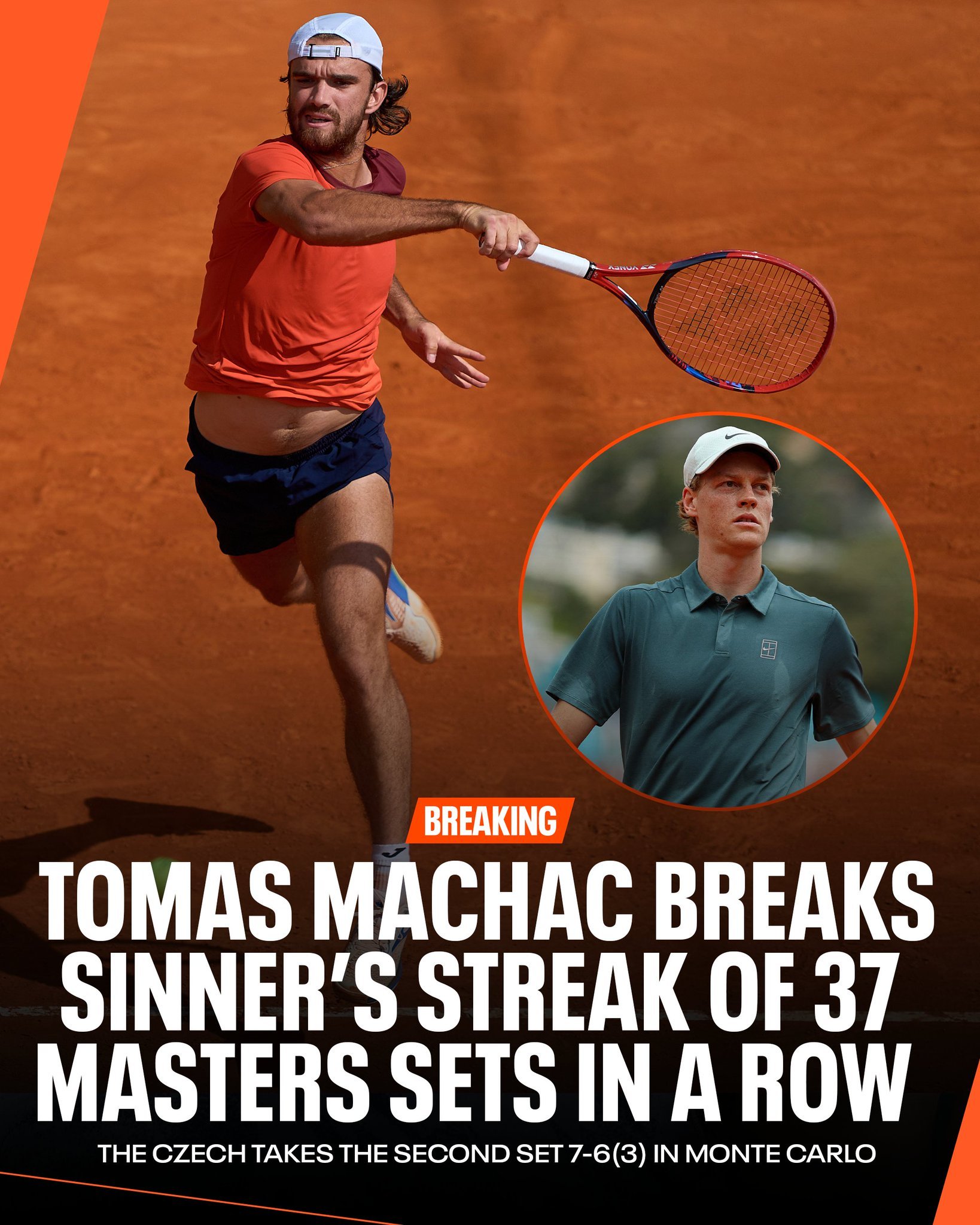 蒙特卡洛1000赛 辛纳三盘过关晋级8强蒙特卡洛大师赛，2号种子辛纳第二盘受到了