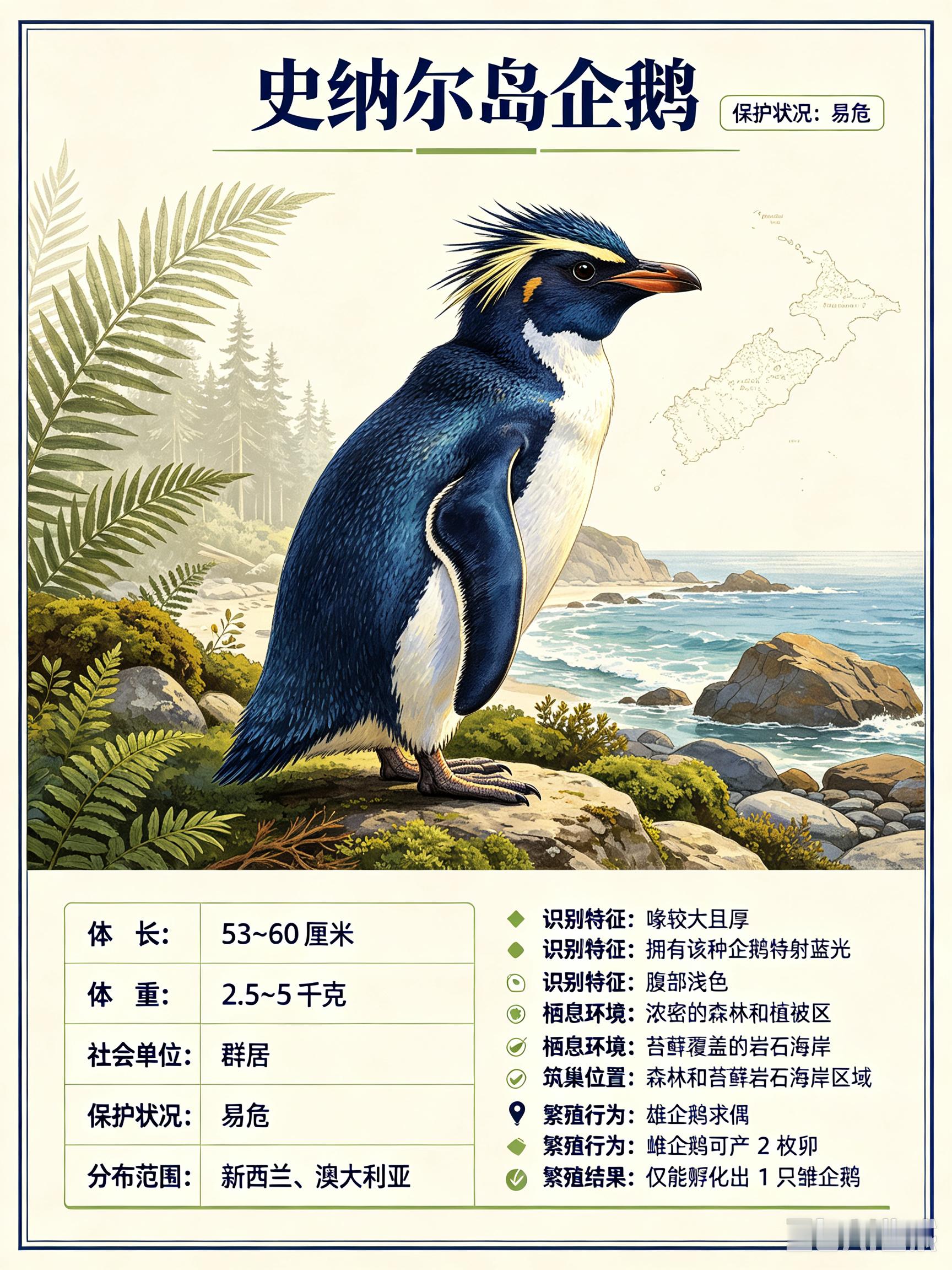 鸟类朋友图鉴 史纳尔岛企鹅体长：53~60 厘米体重：2.5~5 千克社会单位：