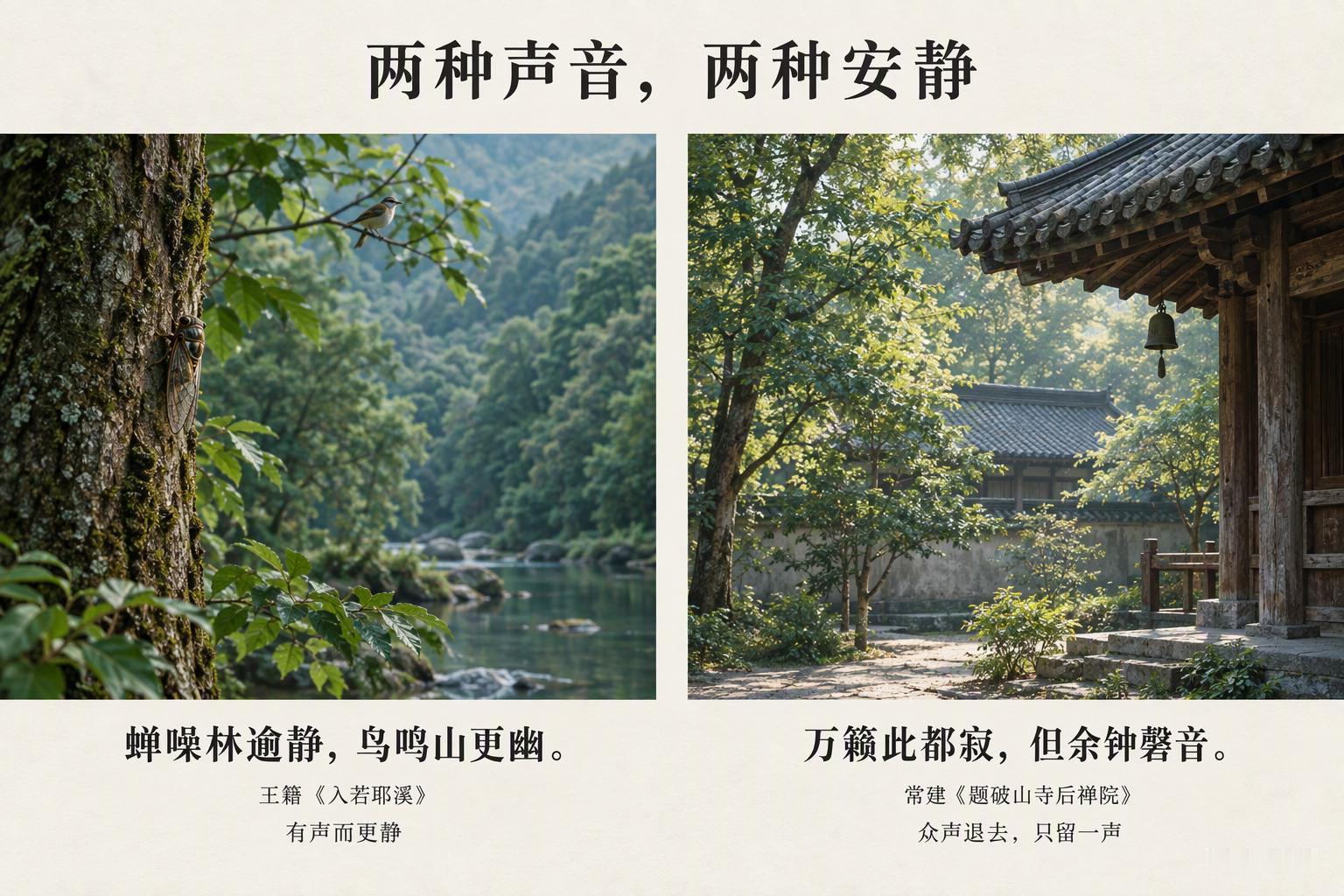 两种声音，怎样写出两种安静同样用声音写静，王籍和常建走了两条不同的路。王籍《入若