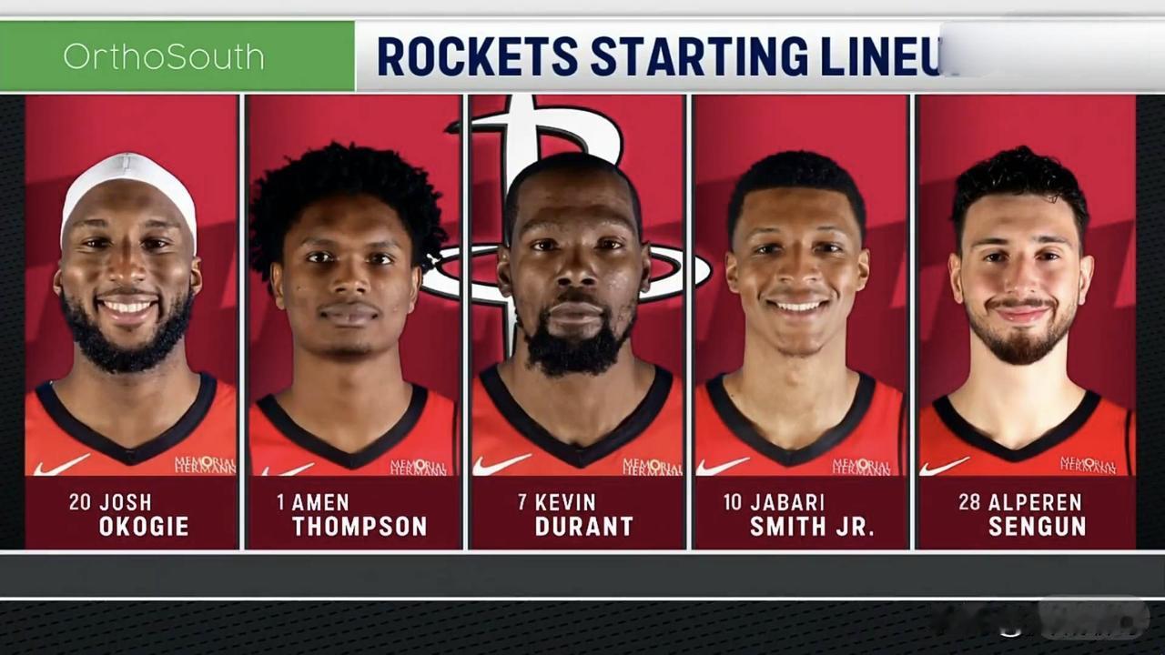 火箭对阵灰熊首发阵容！
一、火箭首发:
1、阿门·汤普森
2、杜兰特
3、奥克吉