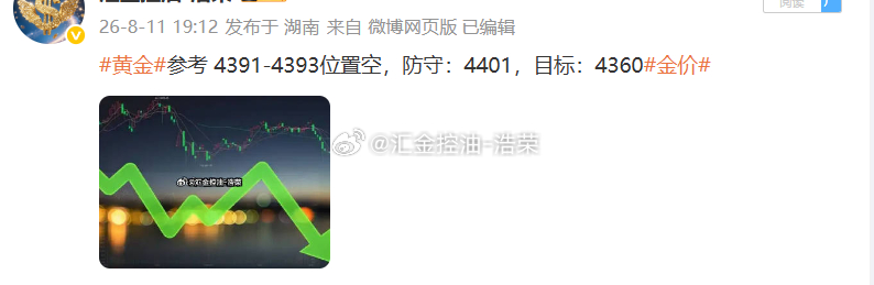 黄金4392位置空，行情如期下跌，在4383位置空单顺利浮盈90个点，交易的魅力
