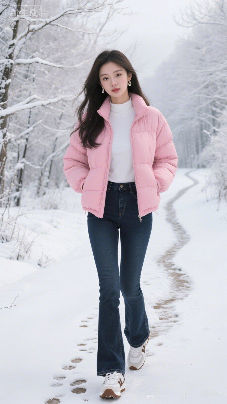 冬日漫步，粉色的温暖与雪景的冷冽交融，尽显时尚与自然之美。