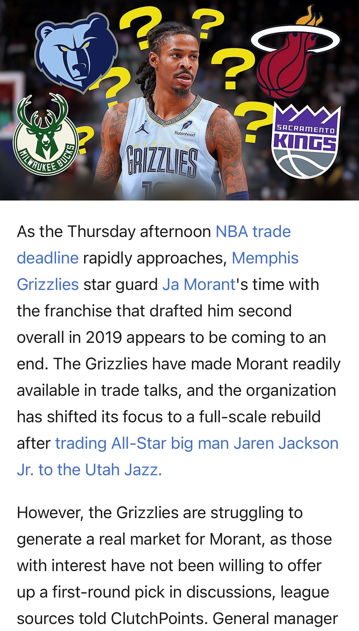 Brett Siegel：没有球队给莫兰特的交易提供首轮选秀权，总经理克莱曼与灰