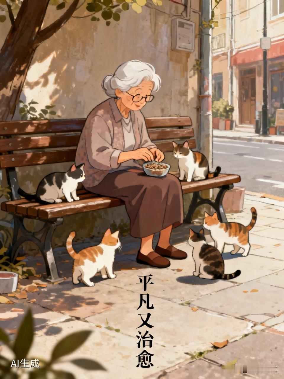 街边长椅上坐着一位白发奶奶，手里拎着一小袋猫粮，身边围了三四只流浪小猫。奶奶一边