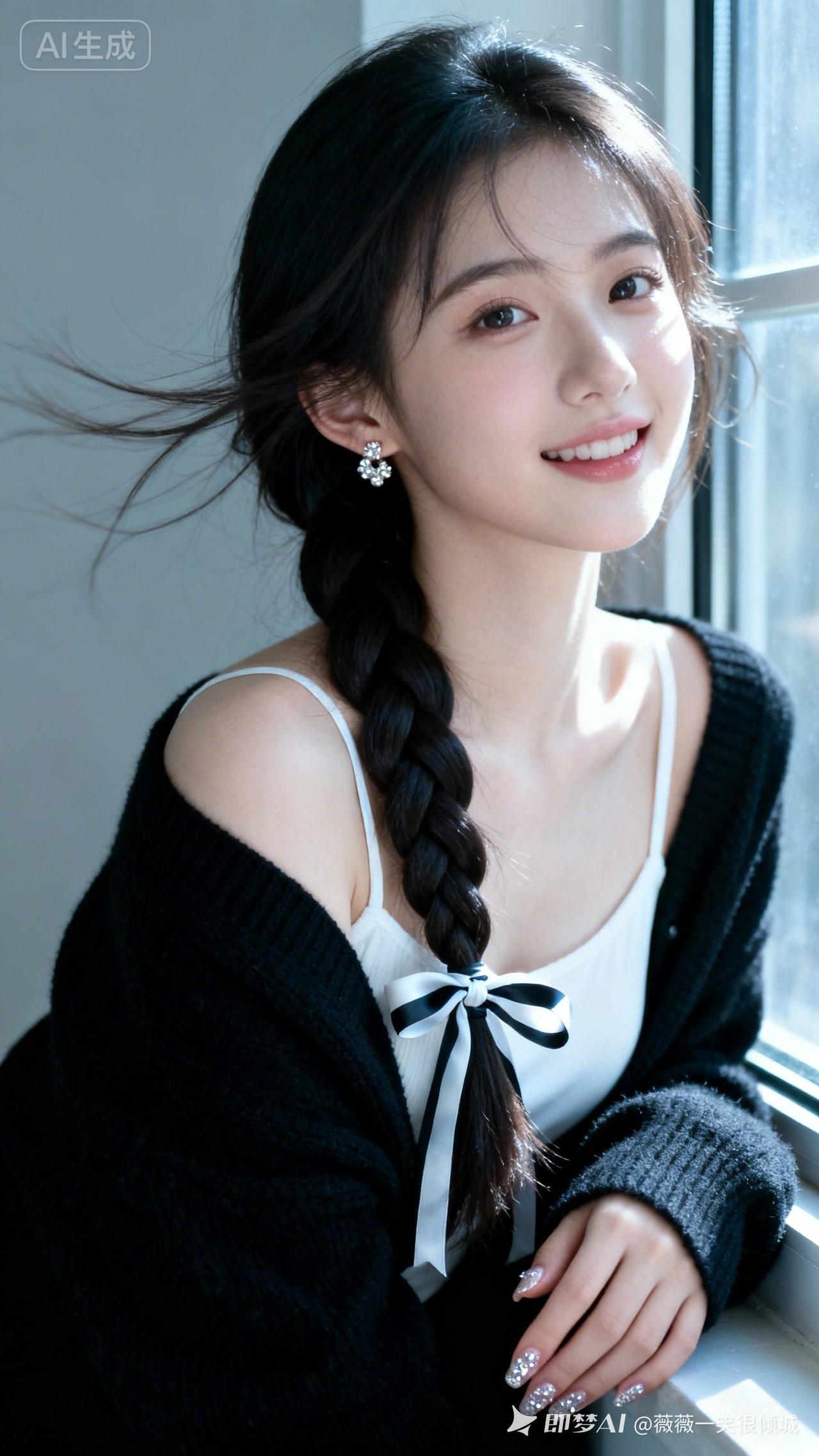 美女单边麻花辫缀丝带，黑开衫搭白吊带倚窗而立。阳光电影级面光洒落，冷白皮陶瓷肌透