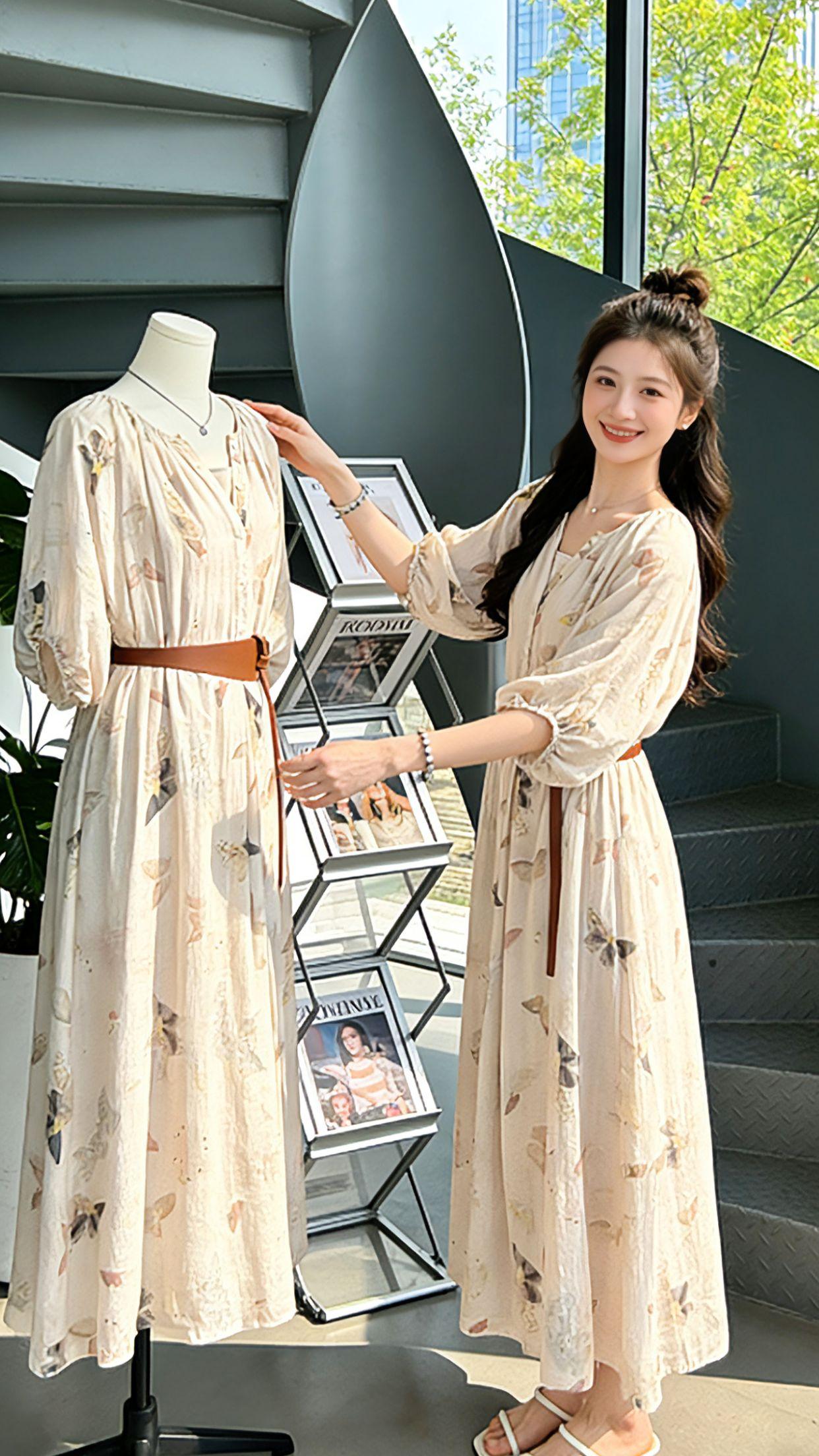 谁懂啊！这条蝴蝶印花连衣裙，承包了我整个春夏的浪漫。在工作室试穿就一眼心动，走在