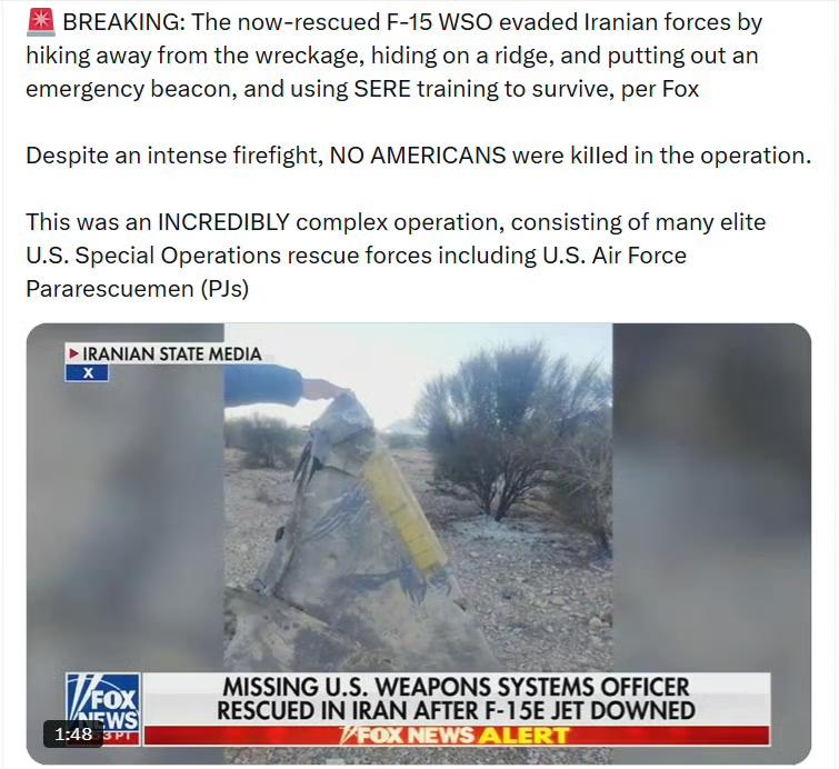据福克斯新闻报道，这名现已获救的F-15战机武器系统官在坠机后徒步远离残骸，躲藏