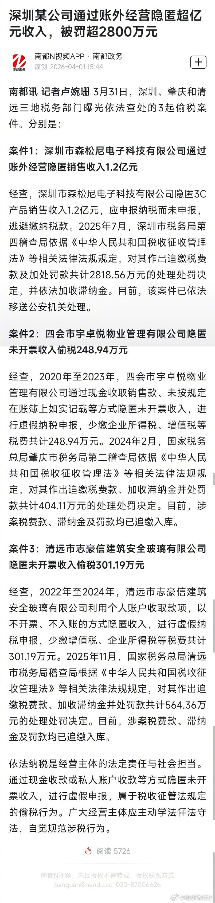 #为逃税深圳一公司隐匿1.2亿收入#【深圳某公司通过账外经营隐匿超亿元收入，被罚