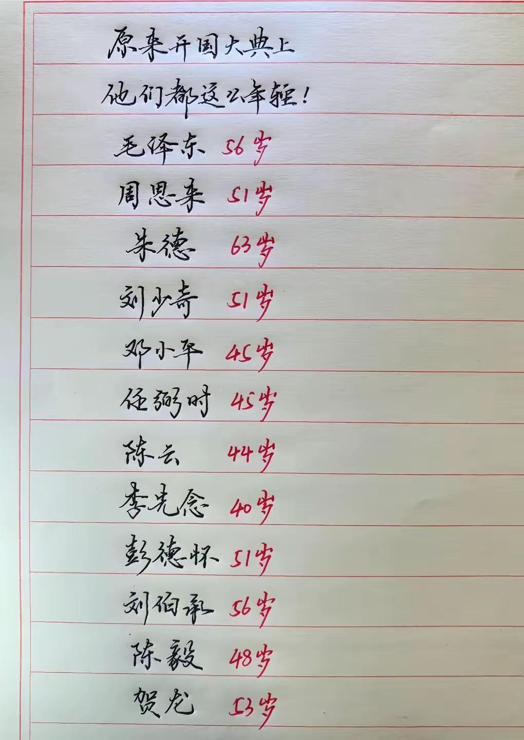 开国大典上，一众缔造新中国的先辈们正值风华。
再看看他们的年纪，我们在干嘛？
永