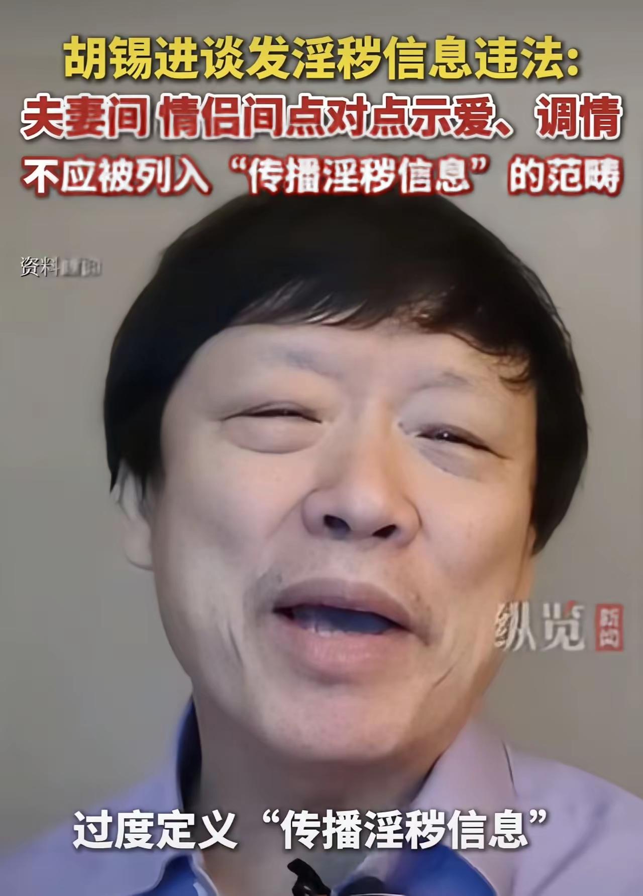情侣间私发小黄片是否违法？！
胡锡进认为情侣或者夫妻之间私发小黄片属于调情，不应