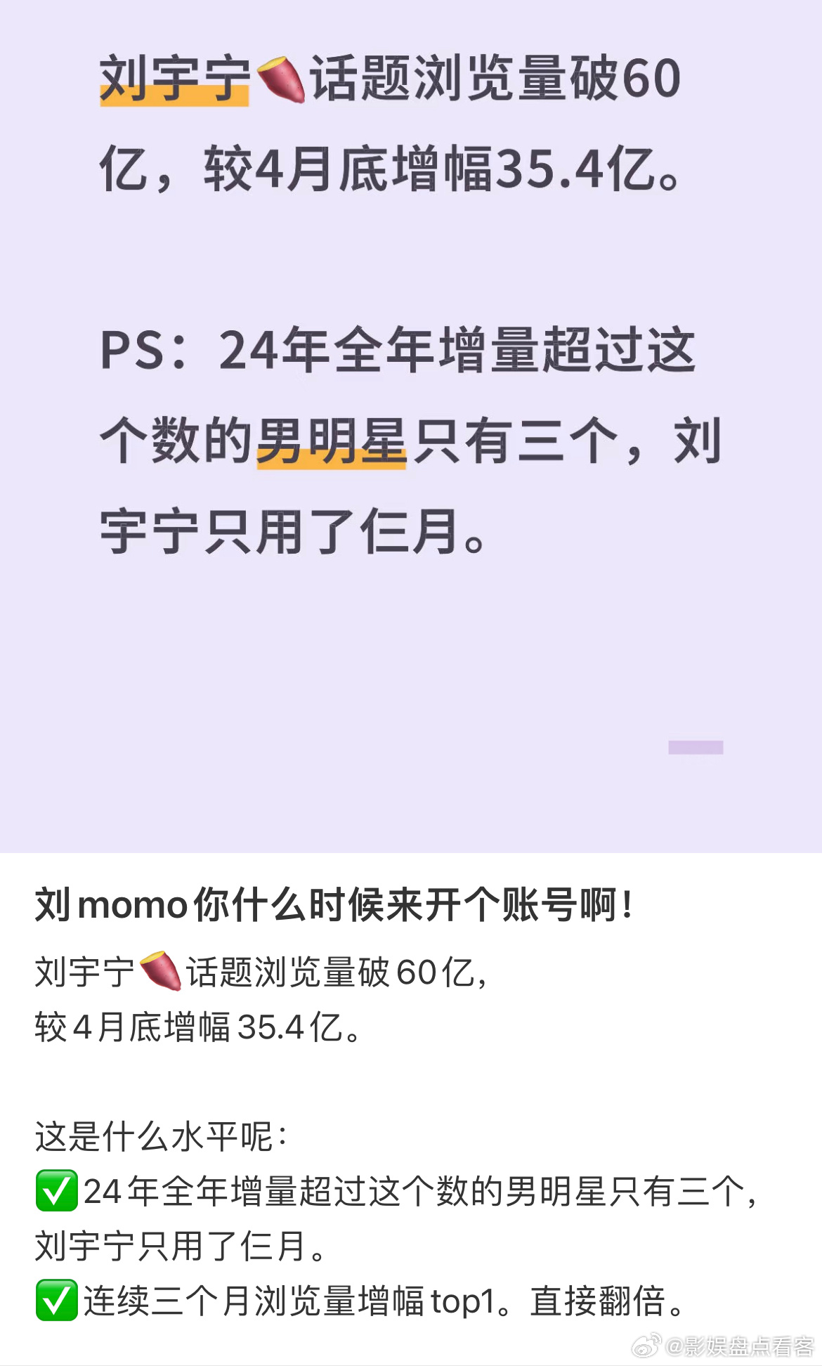 刘宇宁断层火爆的具象化🍠话题浏览量破60亿，较4月底增幅35.4亿。 这是什么