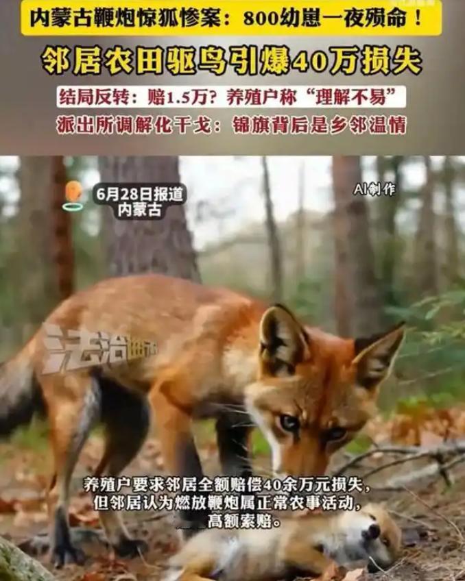 该不该赔？内蒙古巴彦淖尔，一村民在地里放鞭炮驱赶鸟类，不料附近养殖户家的母狐狸受