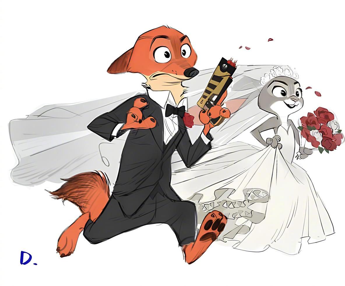 疯狂动物城 狐尼克与兔朱迪婚服概念图公开，原本是卧底调查服装的备选方案之一四舍五