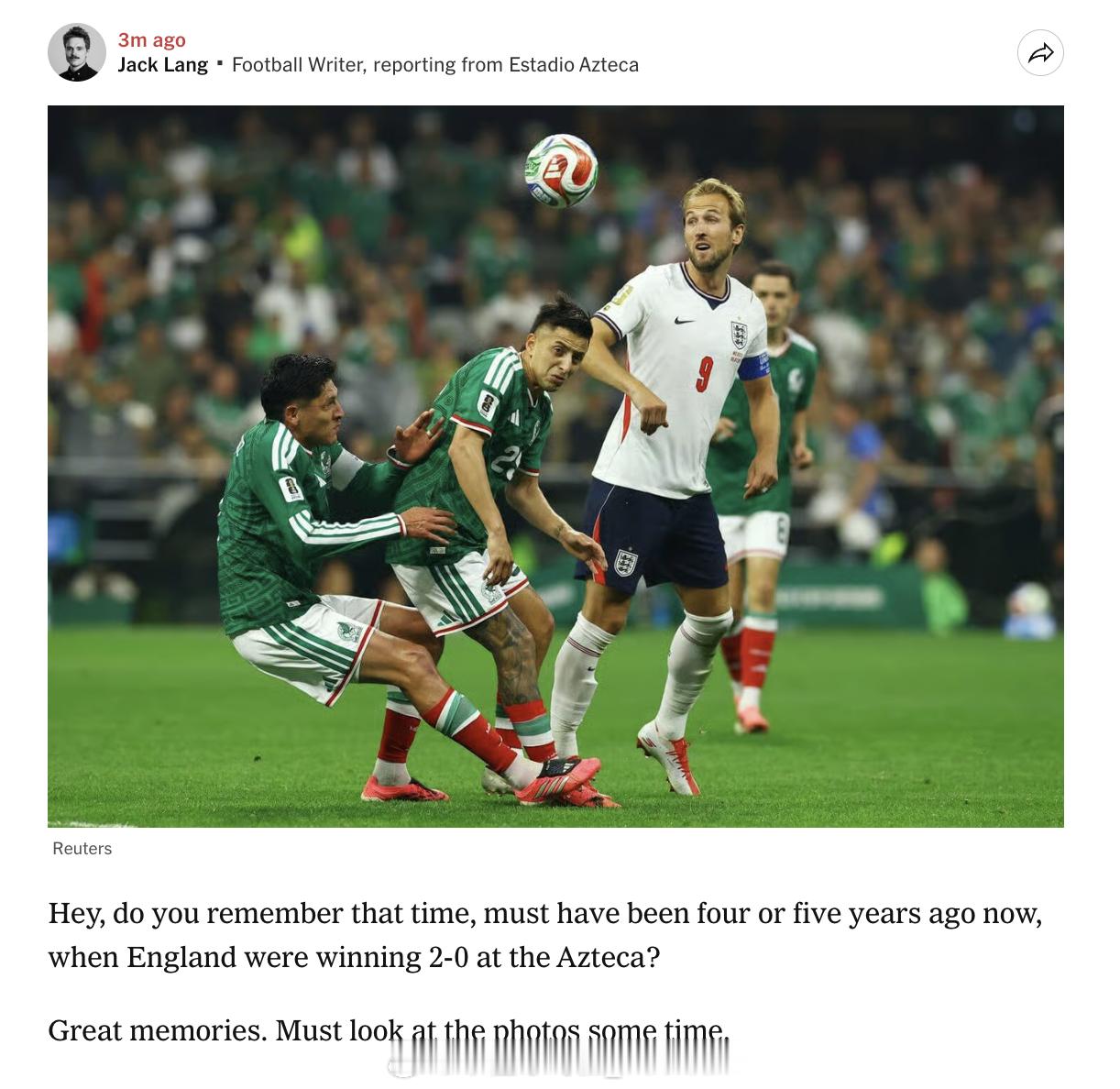 TA Jack Lang玩抽象：还记得大概四五年前英格兰在阿兹特克球场2-0领先