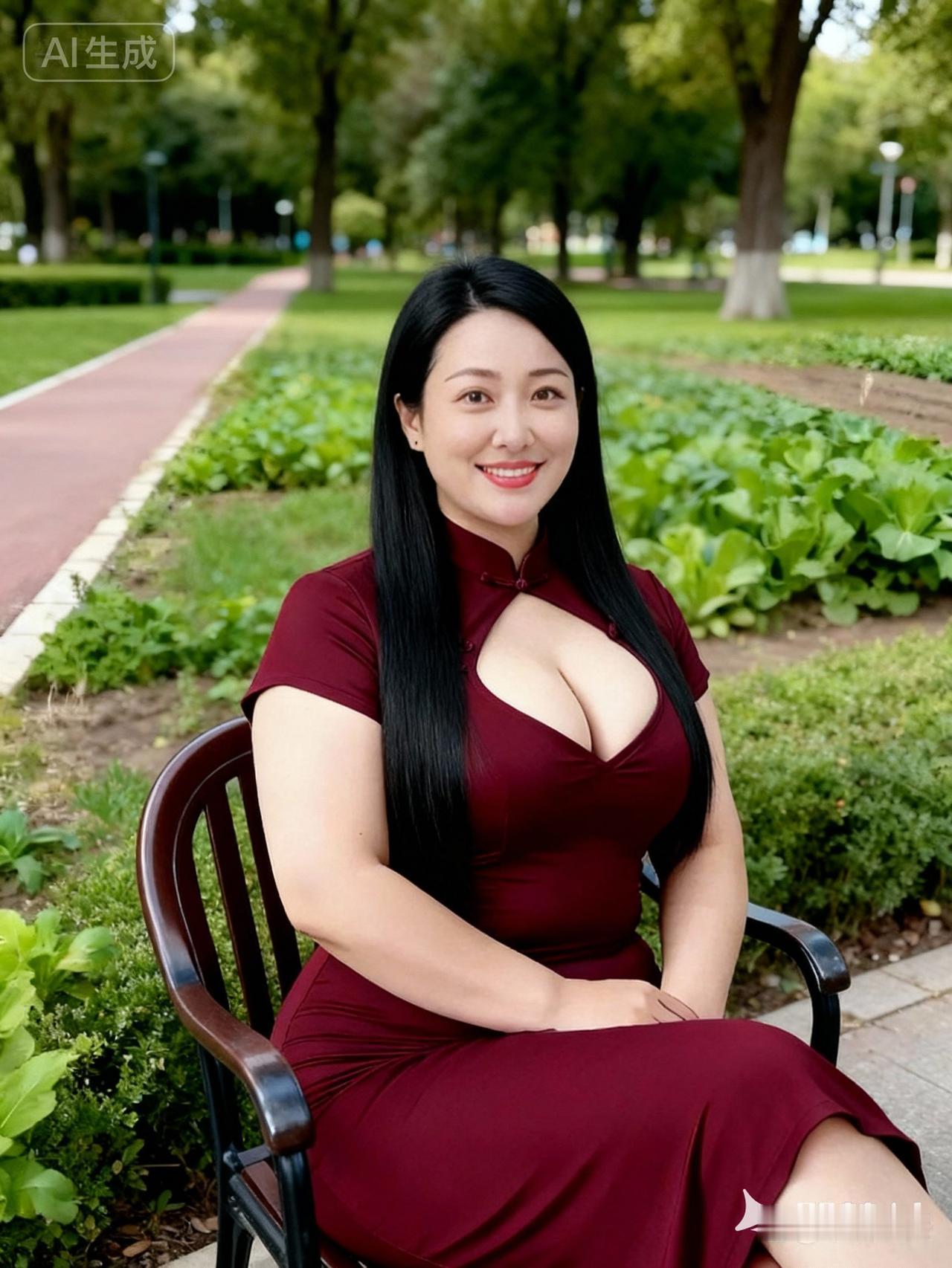 优雅红裙，公园里的美丽瞬间🌸👗