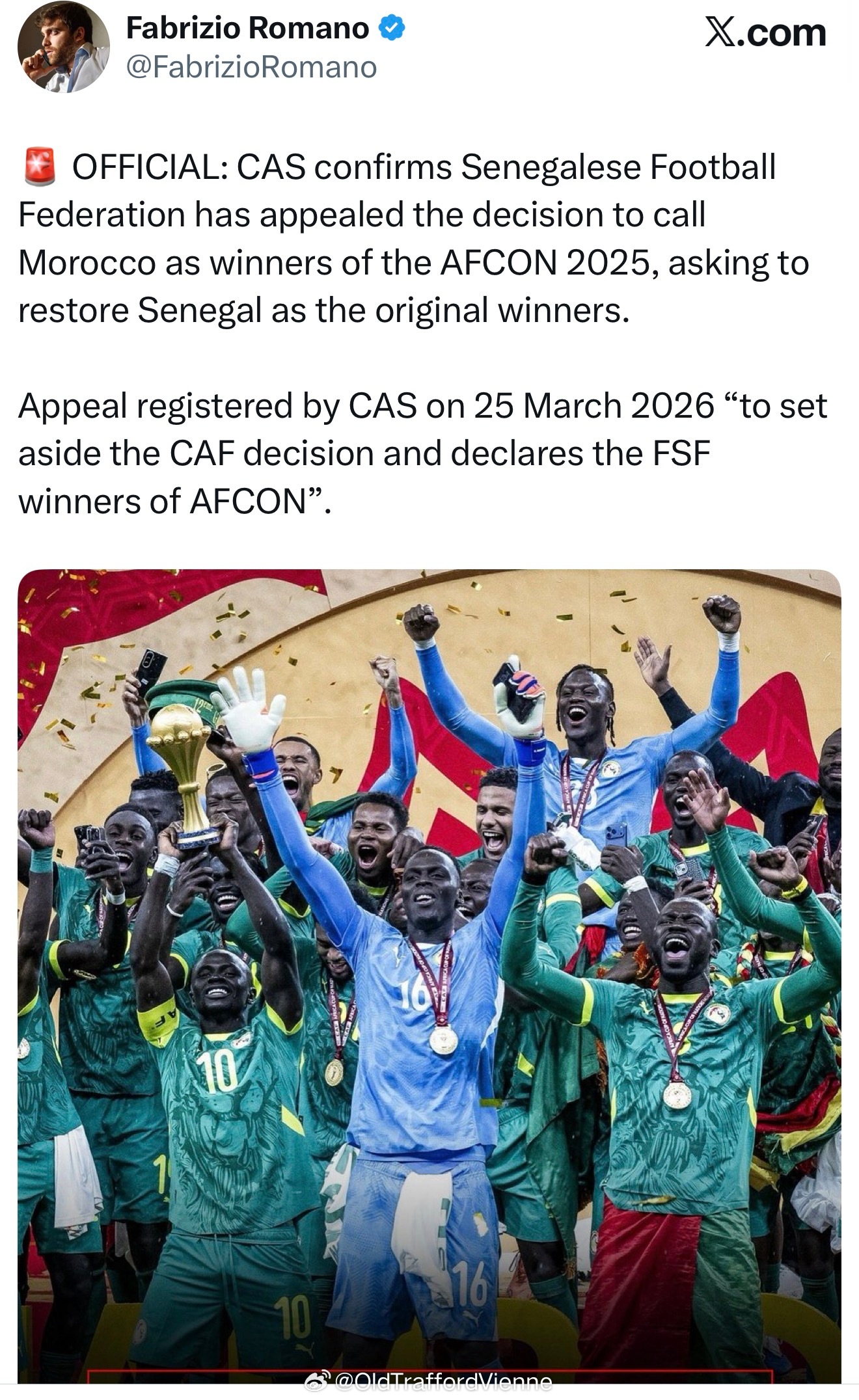 塞内加尔上诉，反对改判非洲杯冠军为摩洛哥，要求将非洲杯冠军留在塞内加尔。非洲杯官