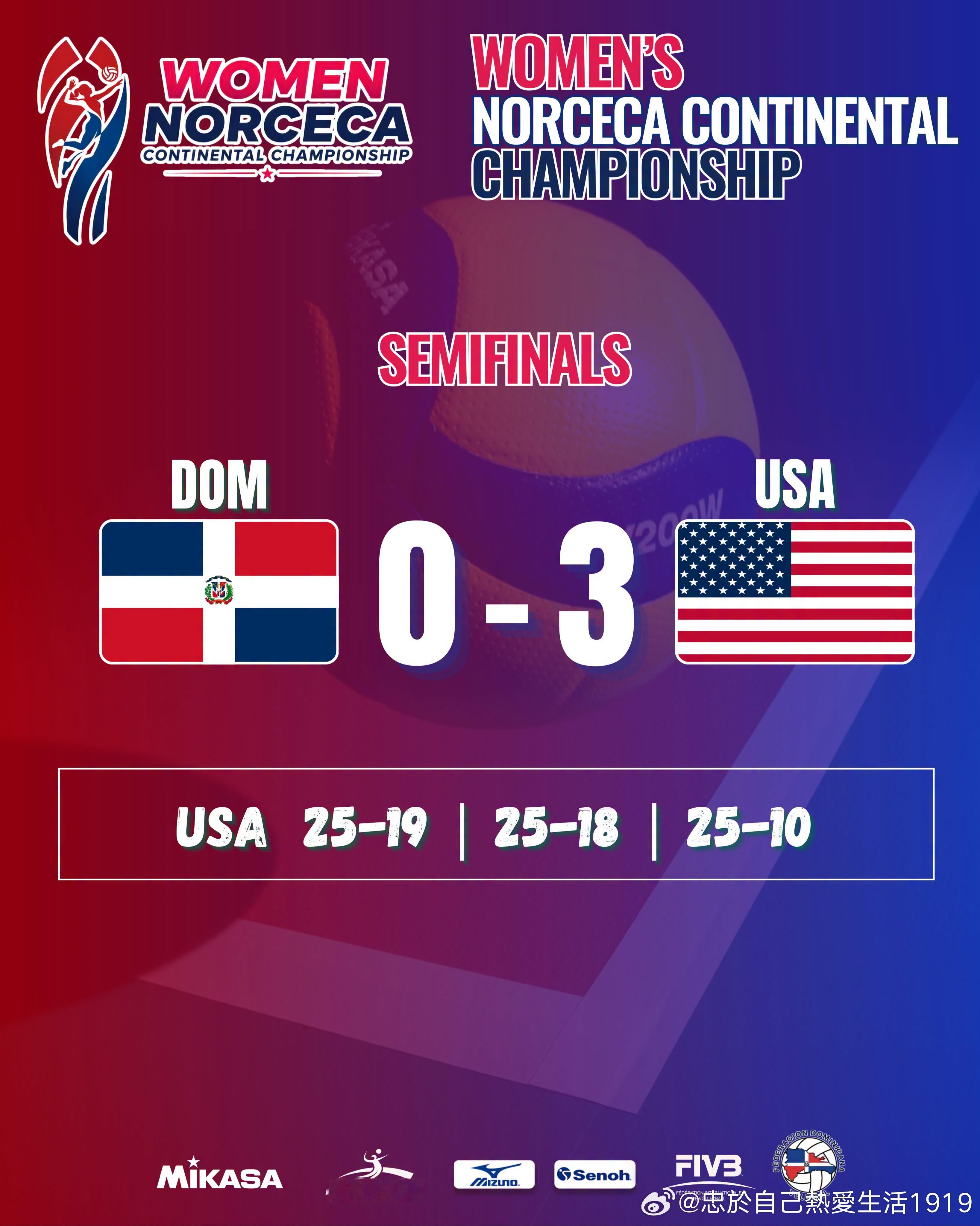 【中北美女排锦标赛】半决赛第二场，美国3-0多米尼加晋级决赛（25-19,25-
